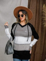 Eyelet Color Block Hooded Sweater - Trendsi - Flyclothing LLC