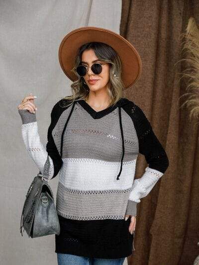 Eyelet Color Block Hooded Sweater - Trendsi - Flyclothing LLC