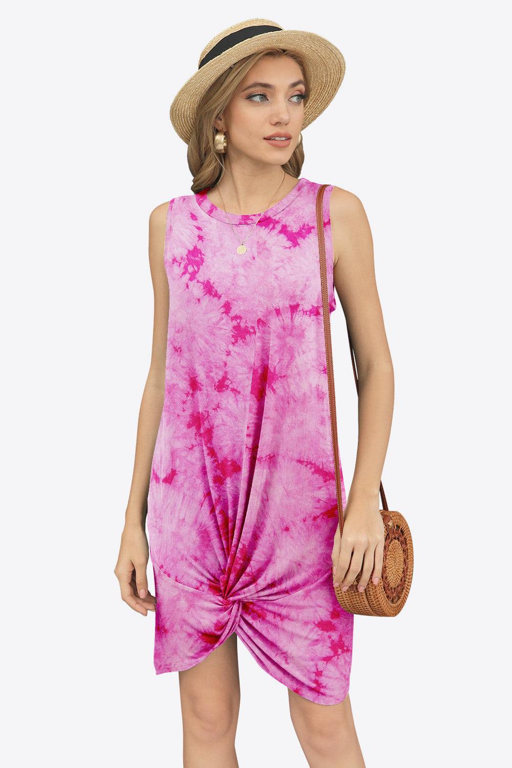 Tie-Dye Twisted Round Neck Sleeveless Dress - Flyclothing LLC