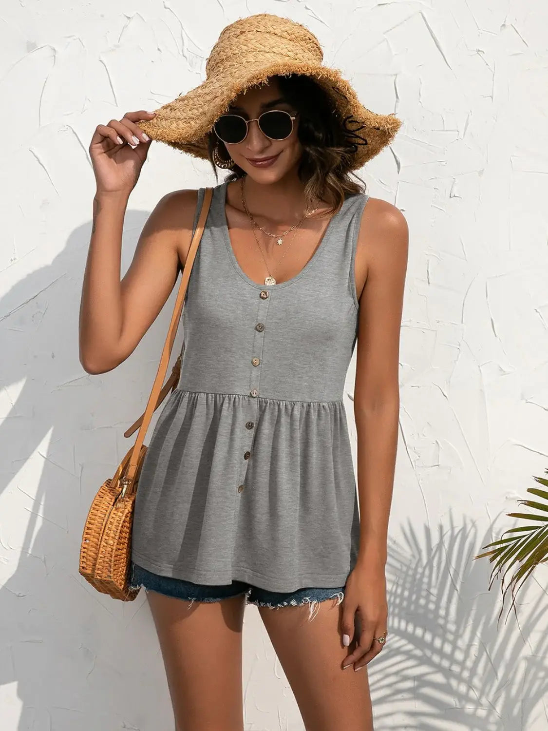 Decorative Button Scoop Neck Tank - Trendsi - Flyclothing LLC