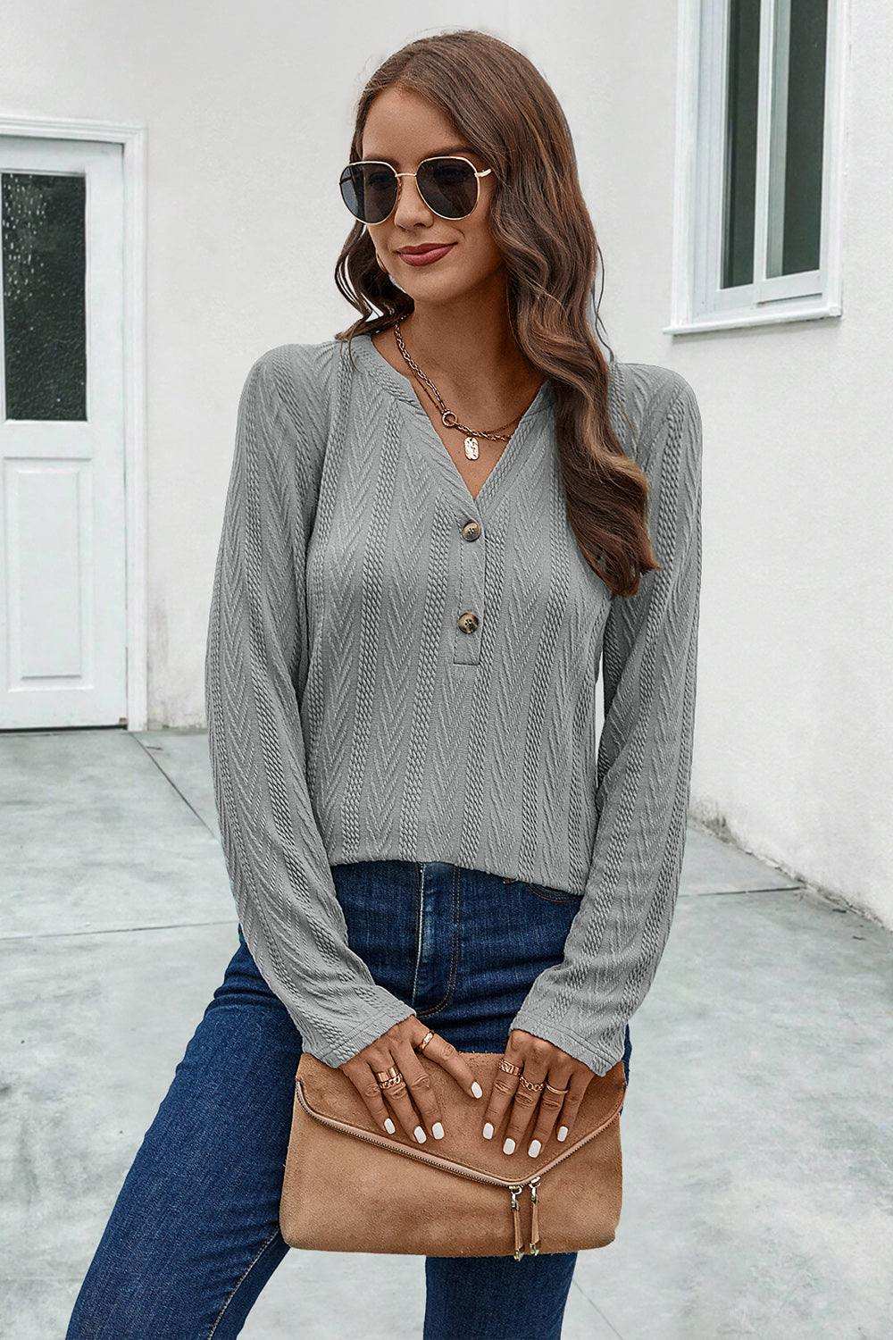 Buttoned Notched Neck Long Sleeve T-Shirt - Trendsi - Flyclothing LLC