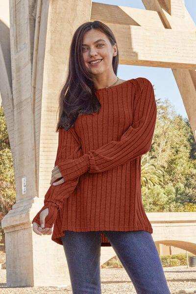 Basic Bae Full Size Ribbed Round Neck Long Sleeve Knit Top - Trendsi - Flyclothing LLC