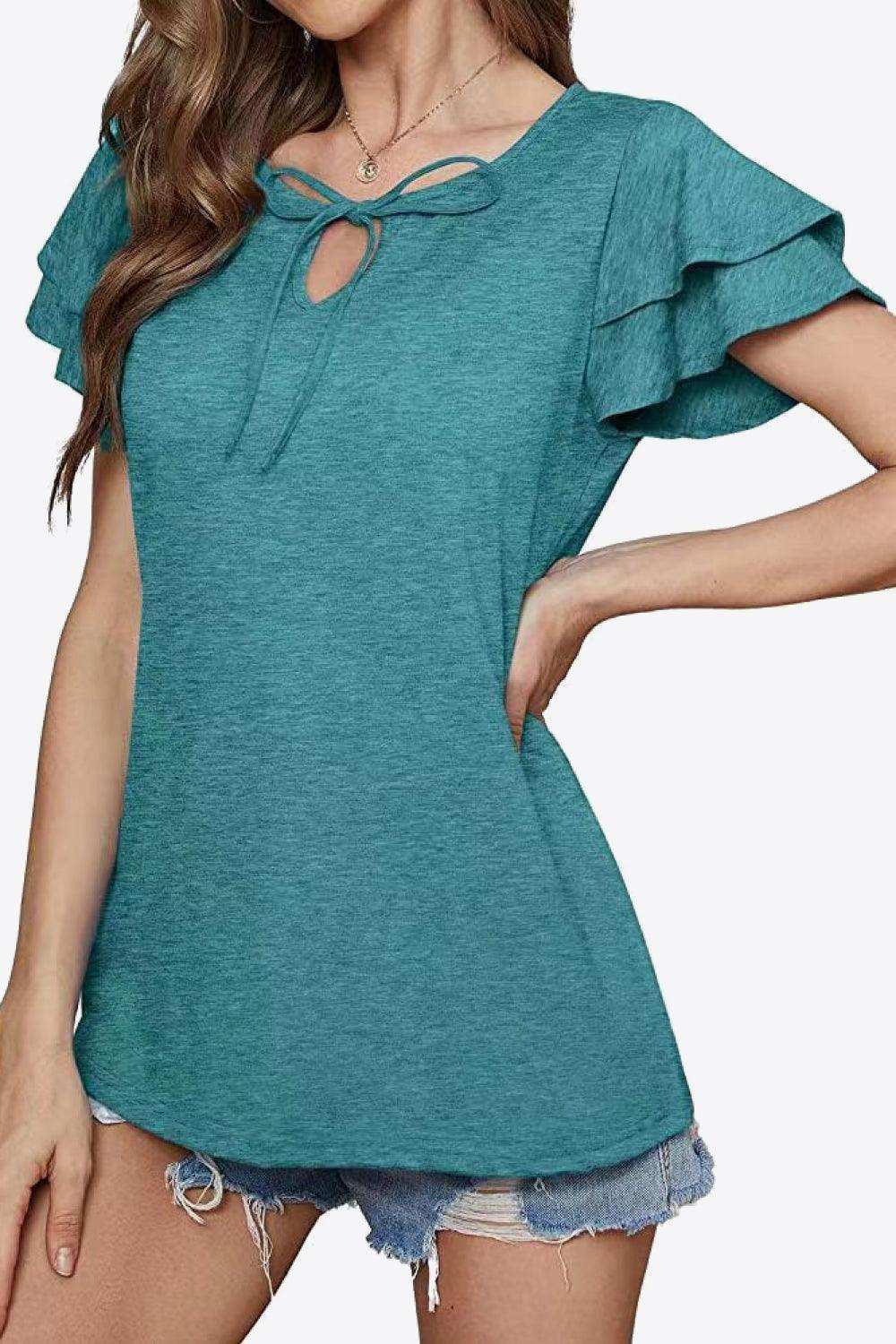 Tie-Neck Layered Flutter Sleeve Blouse - Trendsi - Flyclothing LLC