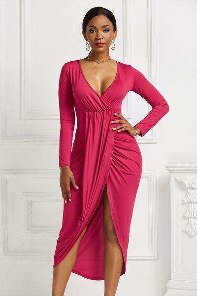 High-low Ruched Surplice Long Sleeve Dress - Trendsi - Flyclothing LLC
