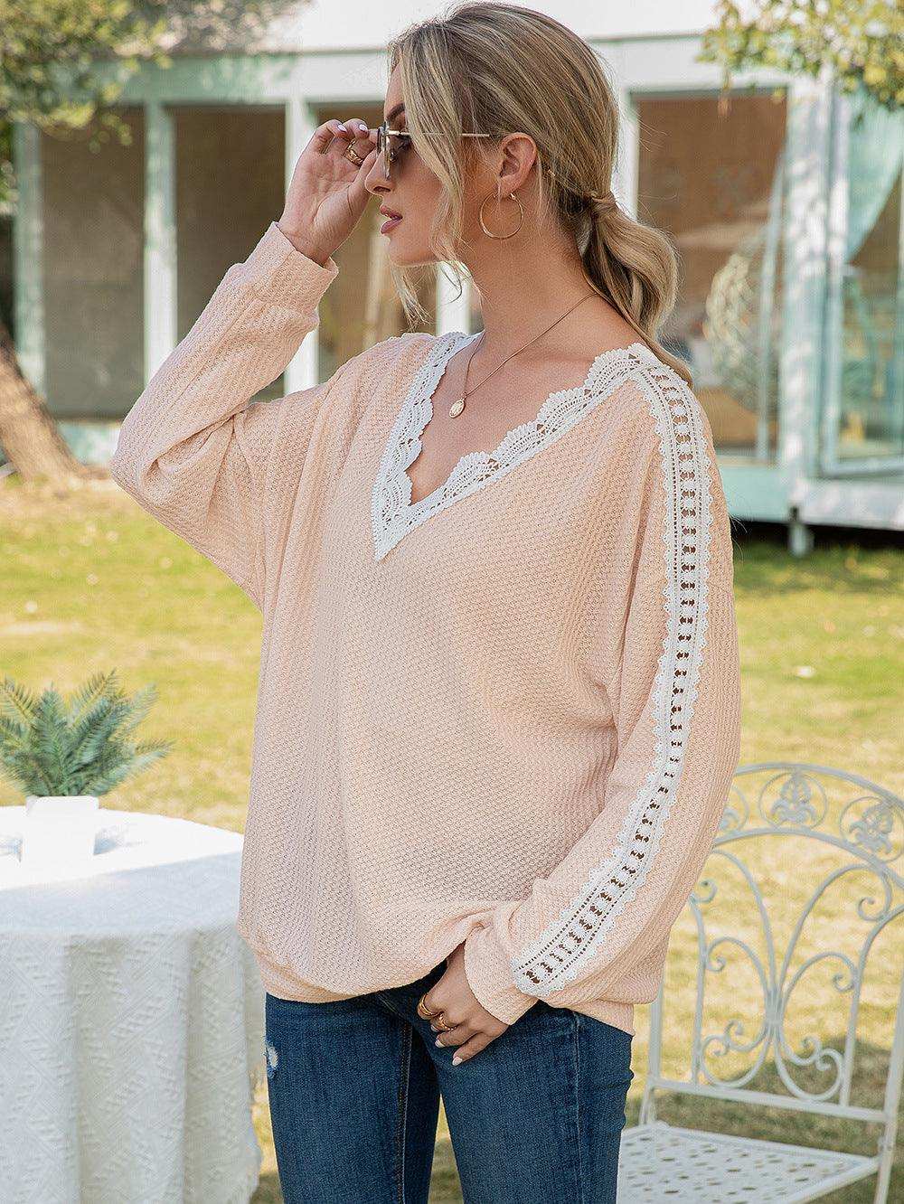Contrast Spliced Lace V-Neck Top - Trendsi - Flyclothing LLC