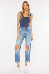 Kancan High Waist Chewed Up Straight Mom Jeans - Trendsi - Flyclothing LLC