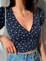 Floral Surplice Neck Short Sleeve Top - Trendsi - Flyclothing LLC