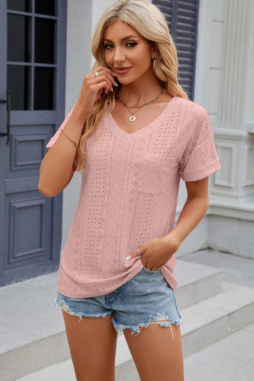 Eyelet V-Neck Short Sleeve T-Shirt - Trendsi - Flyclothing LLC