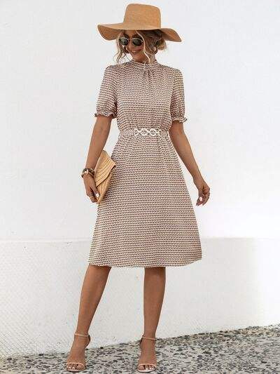 Printed Mock Neck Flounce Sleeve Dress - Trendsi - Flyclothing LLC