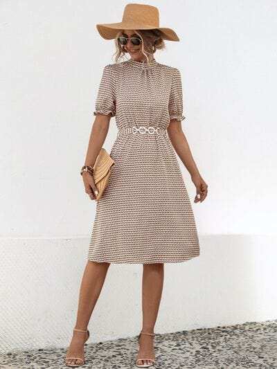 Printed Mock Neck Flounce Sleeve Dress - Trendsi - Flyclothing LLC