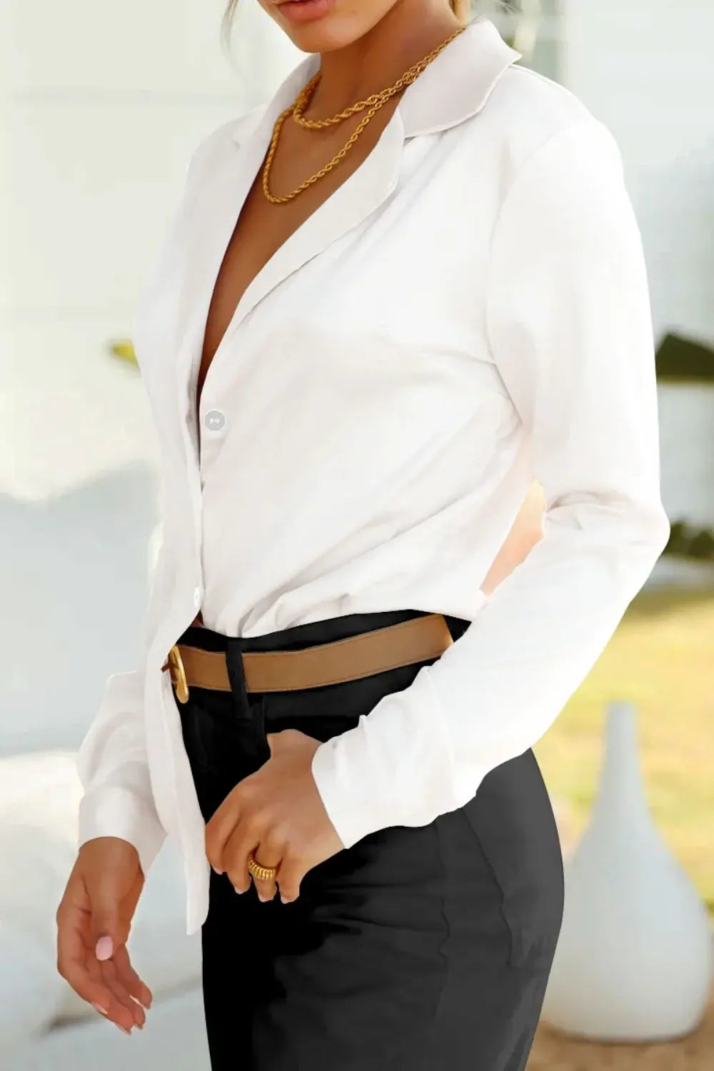 Lapel Collar Buttoned Puff Sleeve Shirt - Trendsi - Flyclothing LLC