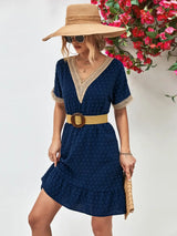 Contrast V-Neck Short Sleeve Mini Dress - Trendsi - Flyclothing LLC