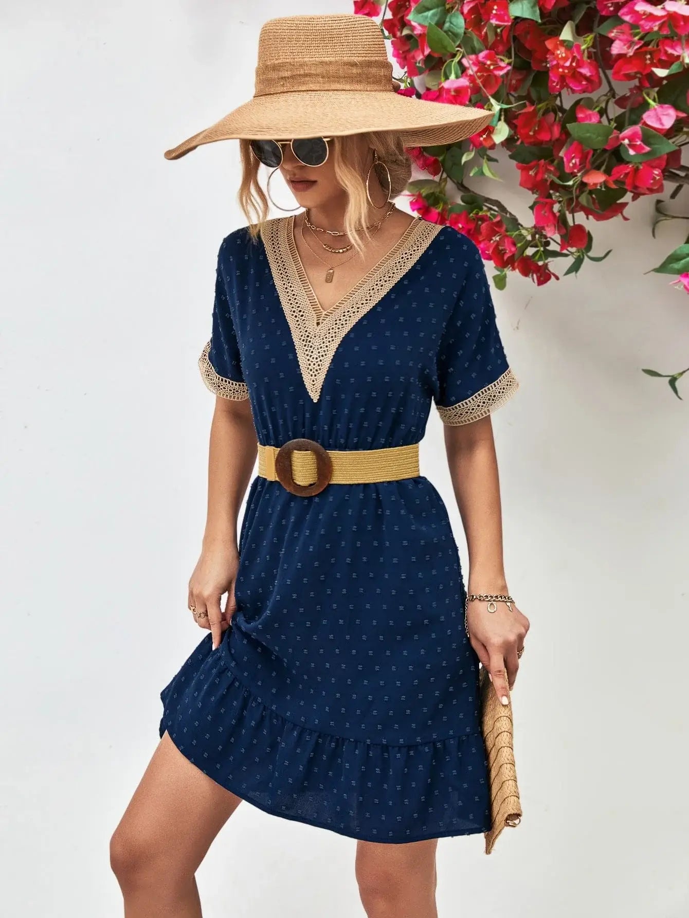 Contrast V-Neck Short Sleeve Mini Dress - Trendsi - Flyclothing LLC