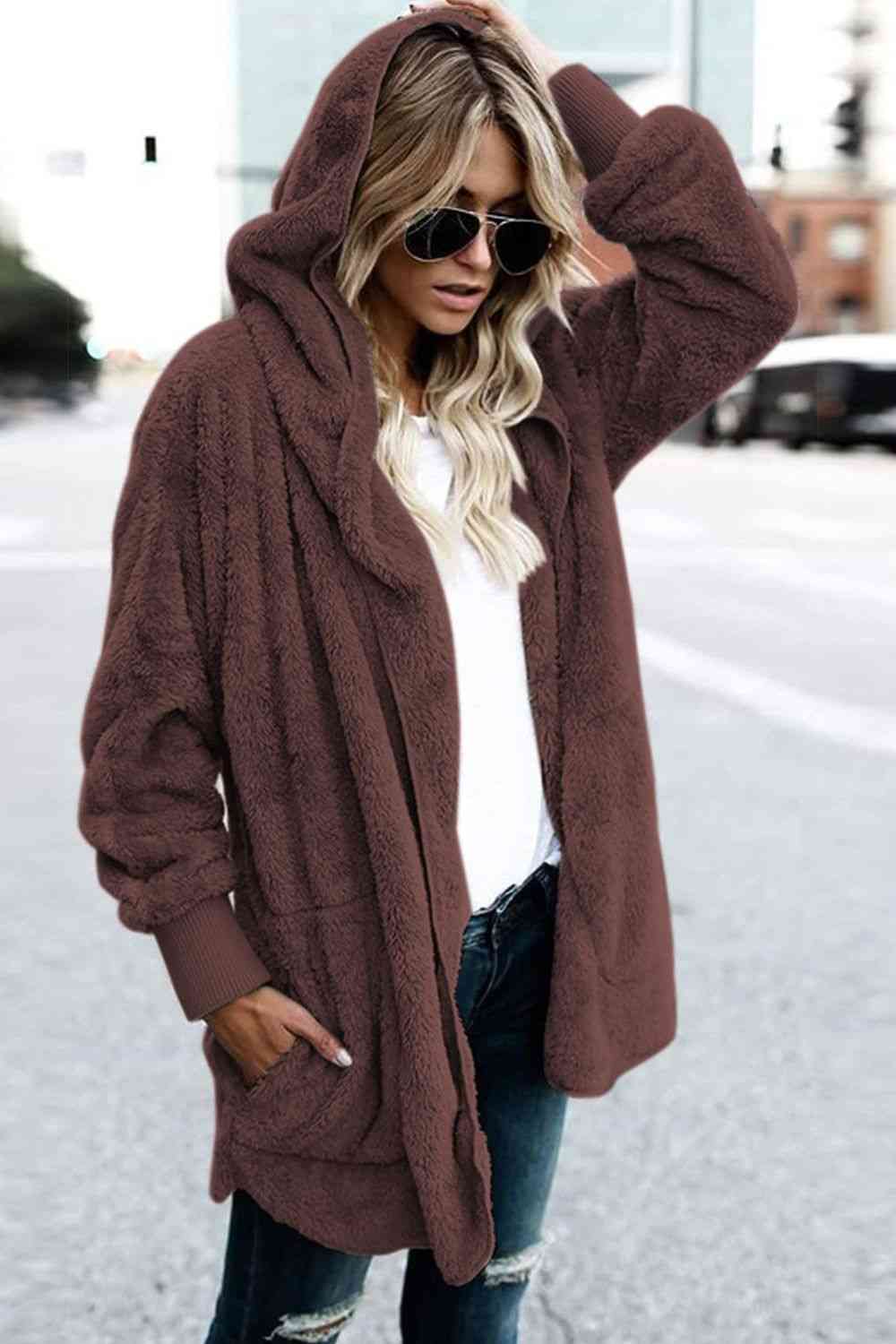 Teddy Hooded Jacket with Pockets - Trendsi - Flyclothing LLC