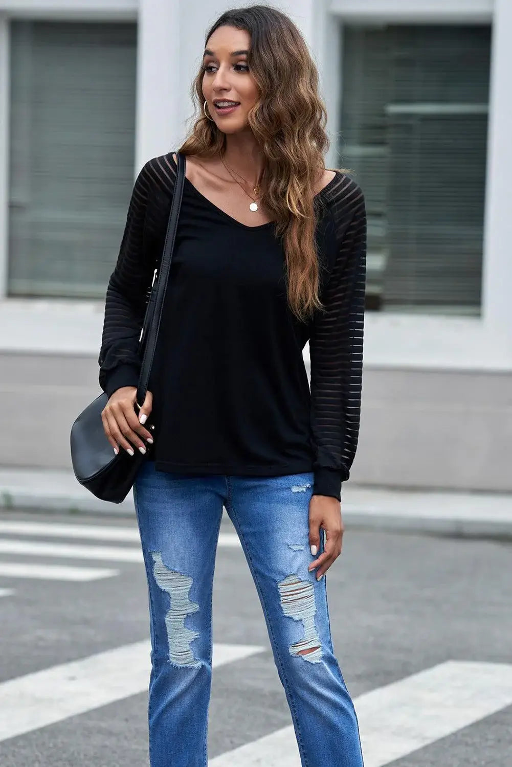 Sheer Striped V-Neck Top - Trendsi - Flyclothing LLC