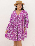 Plus Size Printed V-Neck Balloon Sleeve Mini Dress - Trendsi - Flyclothing LLC