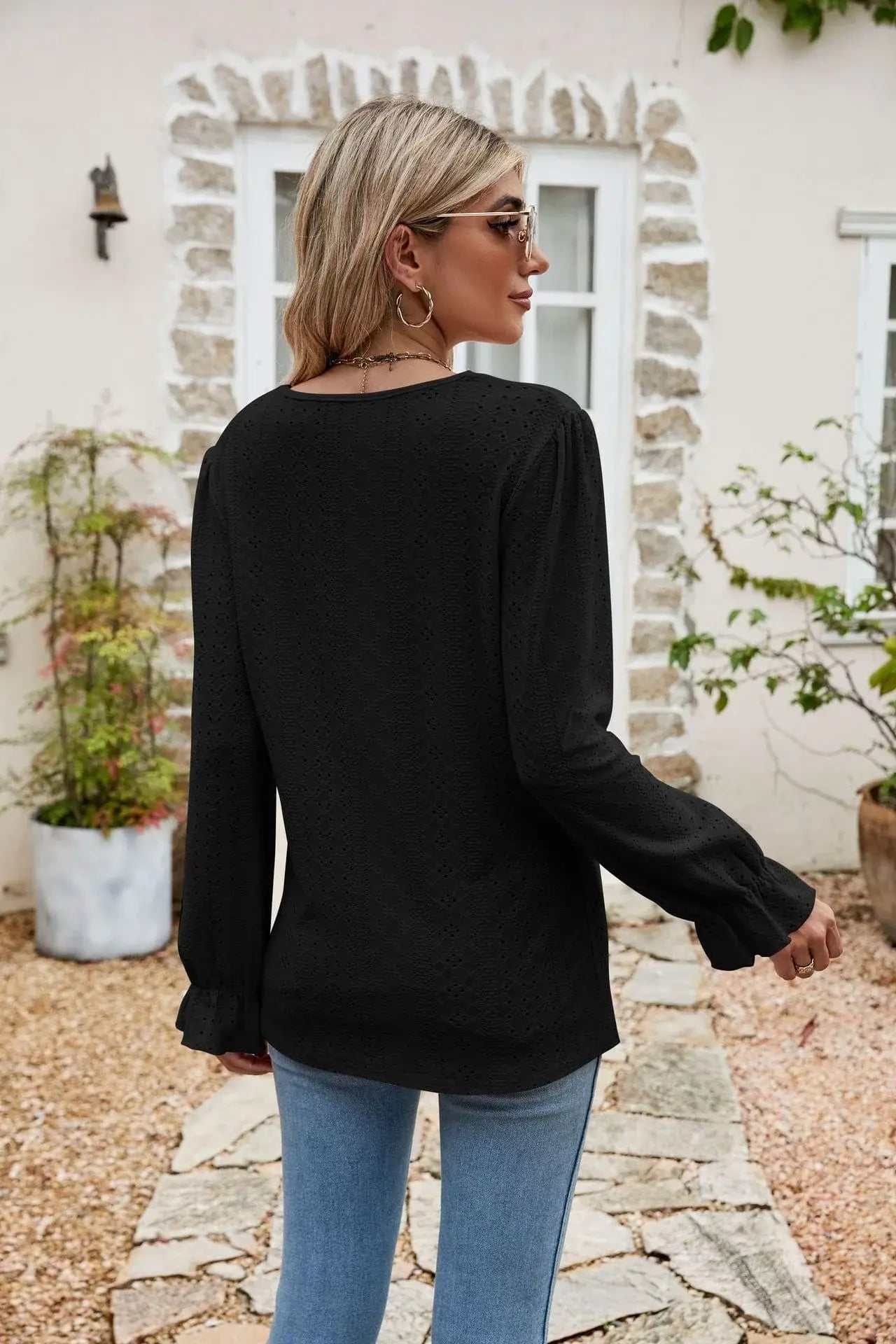 Eyelet Lace Trim Flounce Sleeve Blouse - Trendsi - Flyclothing LLC