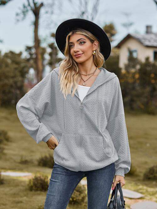 Zip Up Drawstring Long Sleeve Hooded Jacket - Trendsi - Flyclothing LLC