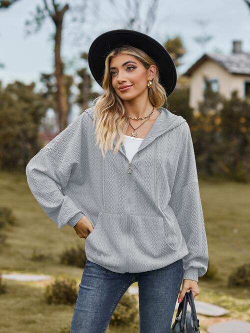 Zip Up Drawstring Long Sleeve Hooded Jacket - Trendsi - Flyclothing LLC