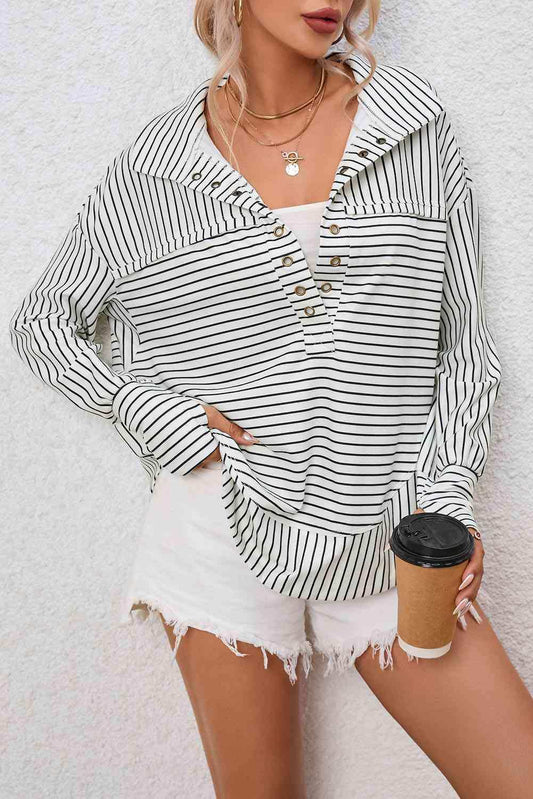 Full Size Striped Collared Top - Trendsi - Flyclothing LLC