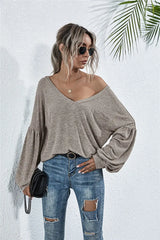 V-Neck Long Sleeve Dropped Shoulder Knit Top - Trendsi - Flyclothing LLC