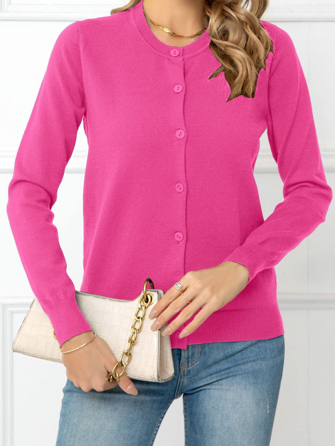 Button Down Round Neck Cardigan - Trendsi