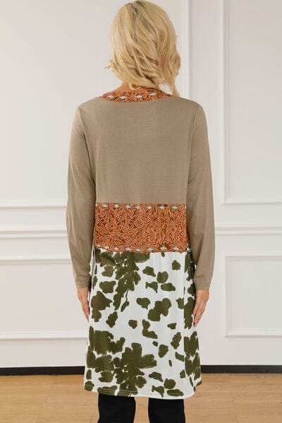 Printed Long Sleeve Open Front Outerwear - Trendsi - Flyclothing LLC