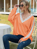Contrast Spliced Lace V-Neck Top - Trendsi - Flyclothing LLC