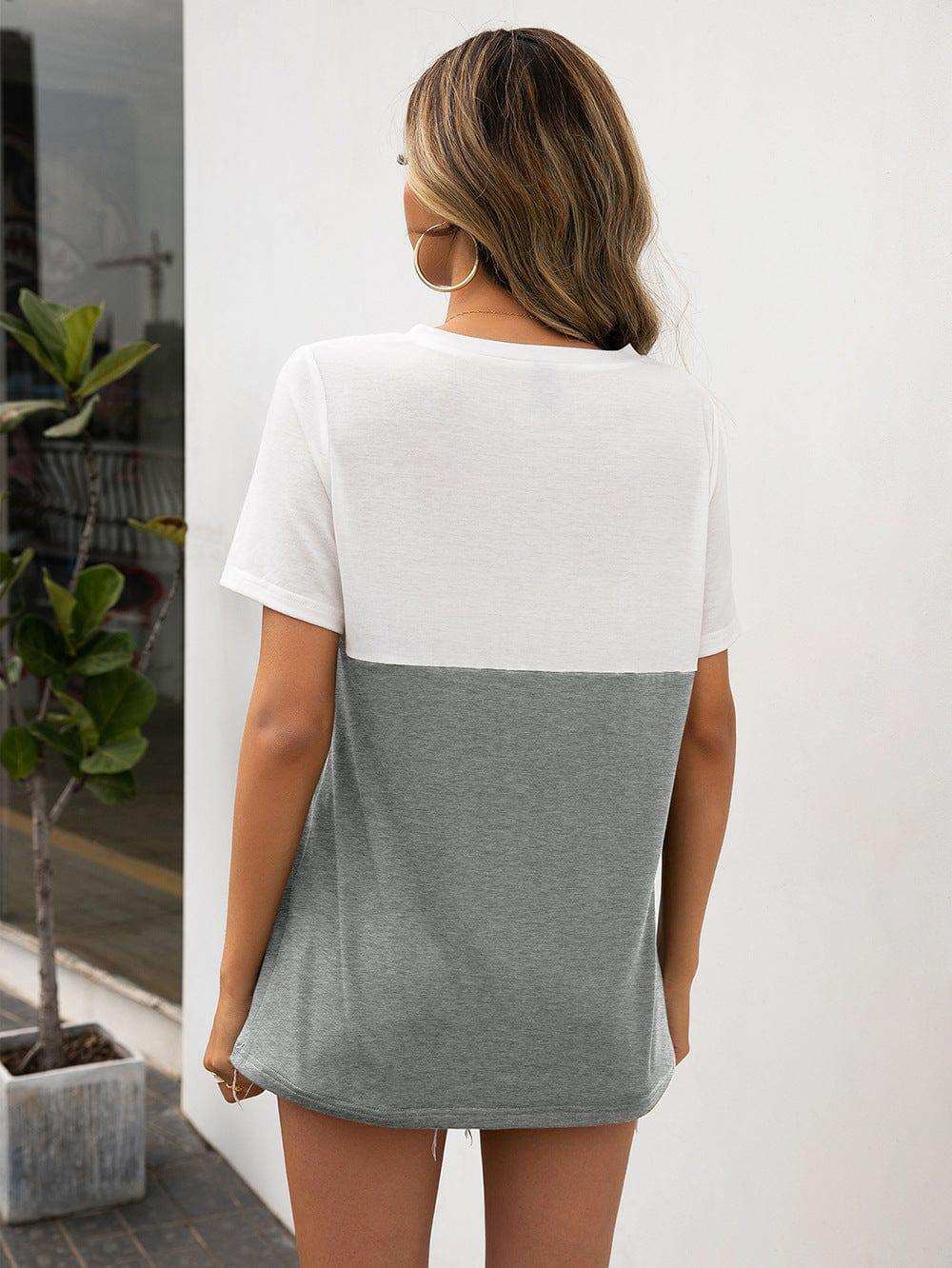 Color Block V-Neck Short Sleeve Tee - Trendsi - Flyclothing LLC