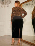 Plus Size Surplice Neck Long Sleeve Slit Dress - Trendsi