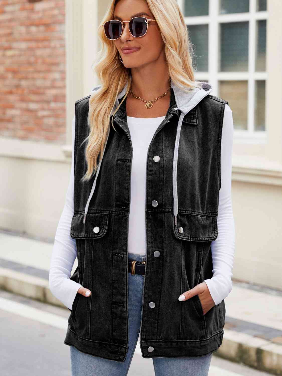 Drawstring Hooded Sleeveless Denim Jacket - Trendsi - Flyclothing LLC