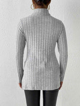 Ribbed Turtleneck Long Sleeve Slit T-Shirt - Trendsi - Flyclothing LLC
