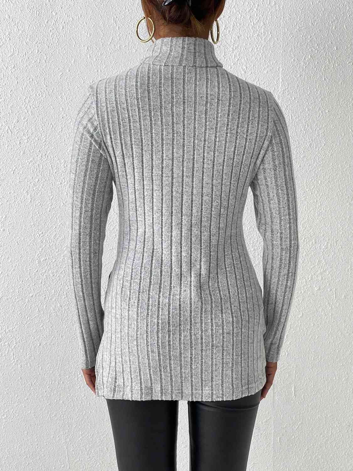 Ribbed Turtleneck Long Sleeve Slit T-Shirt - Trendsi - Flyclothing LLC