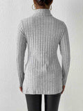Ribbed Turtleneck Long Sleeve Slit T-Shirt - Trendsi - Flyclothing LLC