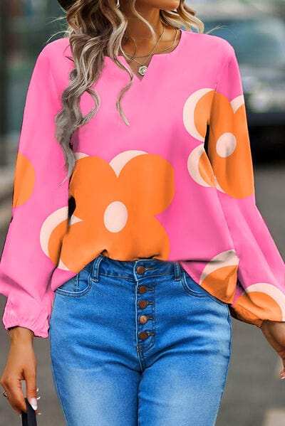 Flower Notched Balloon Sleeve Blouse - Trendsi - Flyclothing LLC