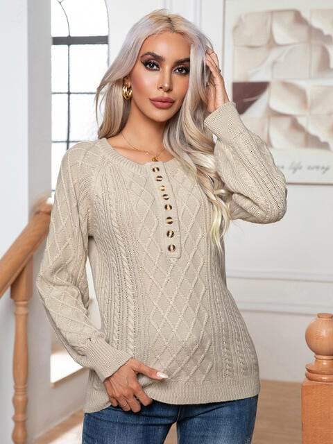 Cable-Knit Round Neck Buttoned Sweater - Trendsi - Flyclothing LLC
