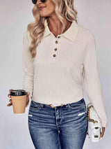 Collared Neck Buttoned Long Sleeve Top - Trendsi - Flyclothing LLC