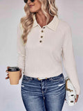 Collared Neck Buttoned Long Sleeve Top - Trendsi