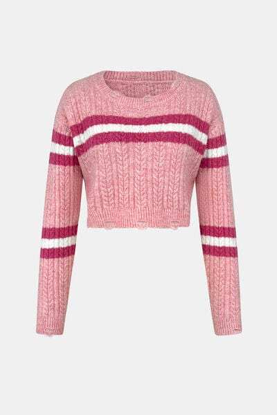 Cable-Knit Striped Dropped Shoulder Sweater - Trendsi - Flyclothing LLC