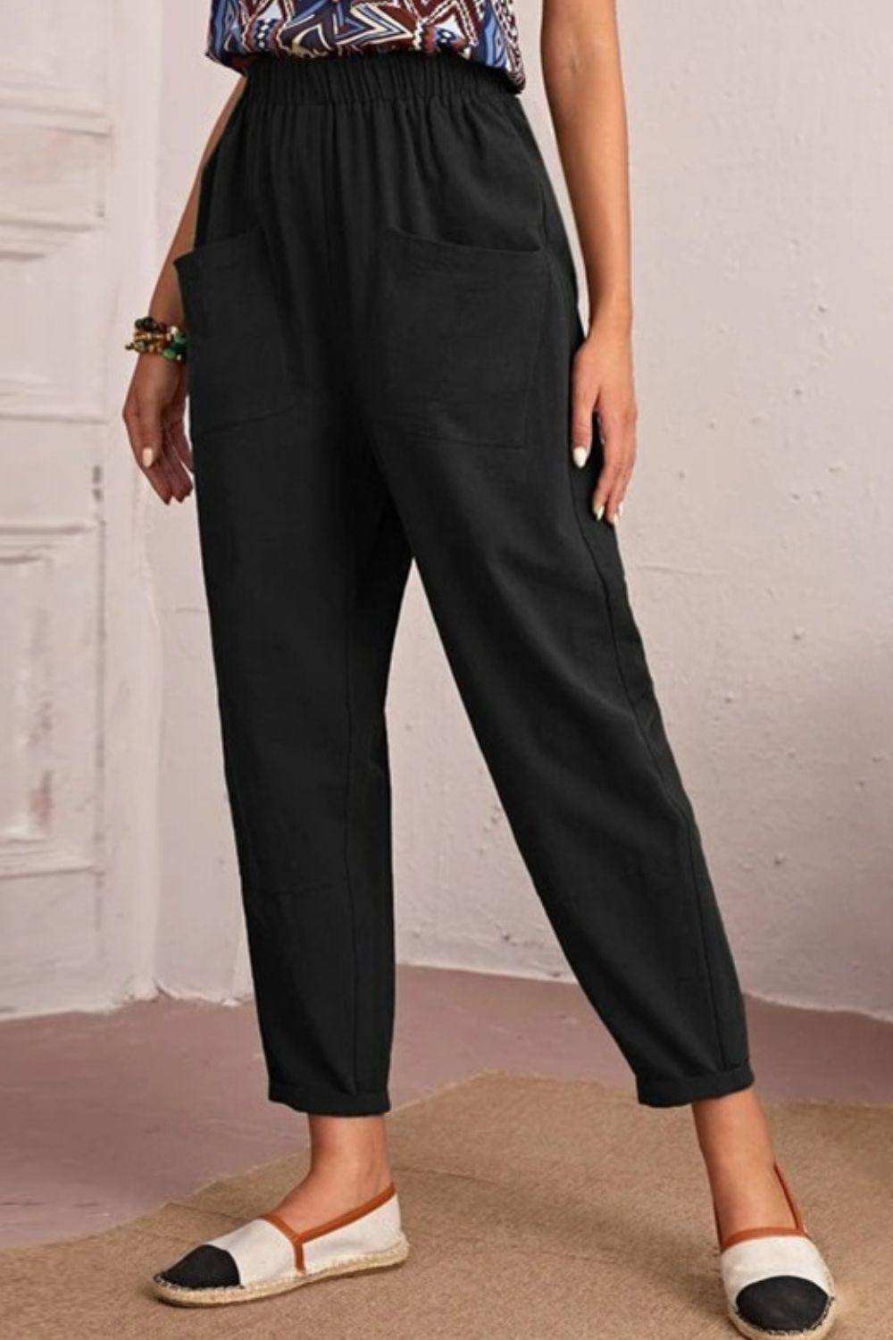 Elastic Waist Pocket Tapered Pants - Trendsi - Flyclothing LLC