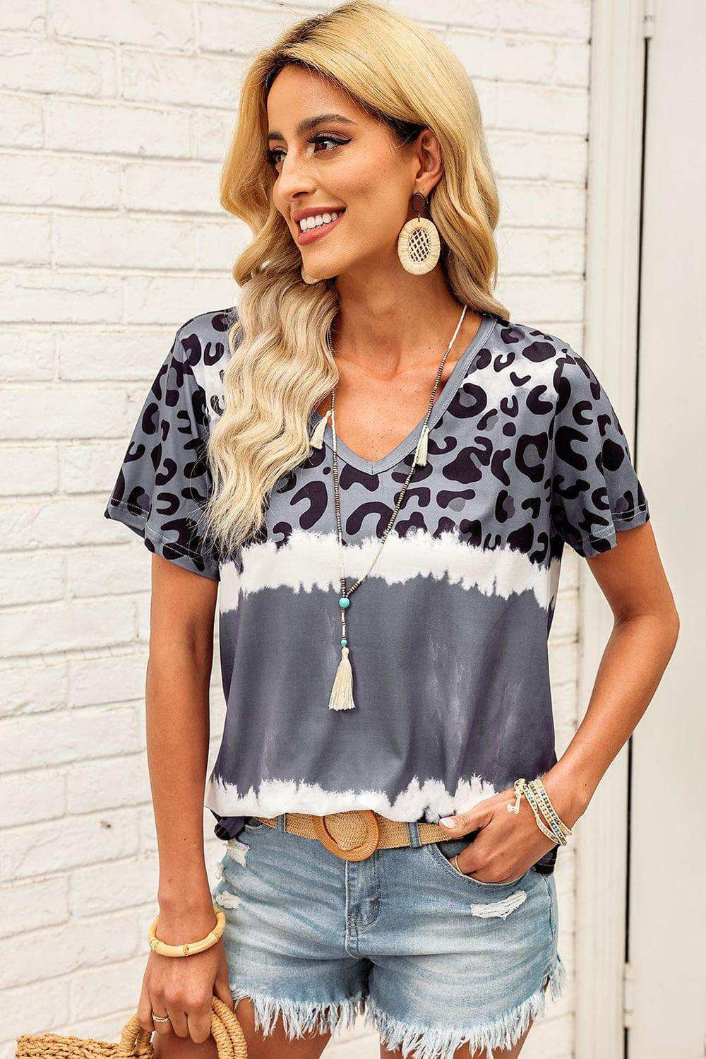 Leopard V-Neck Tee Shirt - Trendsi - Flyclothing LLC
