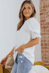 Smocked Flounce Sleeve Notched Neck Blouse - Trendsi - Flyclothing LLC