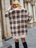 Plaid Distressed V-Neck Sweater Dress - Trendsi
