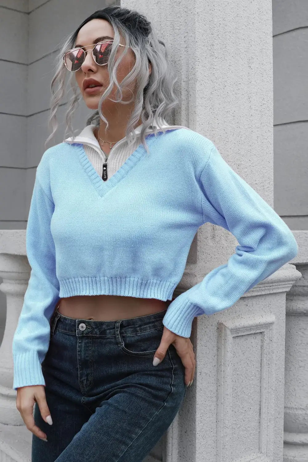 Contrast Collared Cropped Sweater - Trendsi - Flyclothing LLC