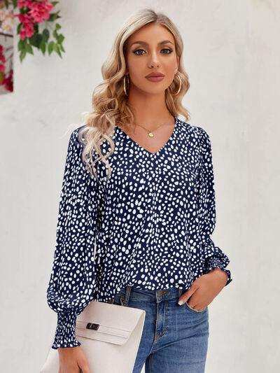 Printed V-Neck Lantern Sleeve Blouse - Trendsi - Flyclothing LLC