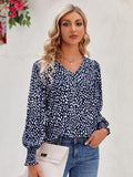 Printed V-Neck Lantern Sleeve Blouse - Trendsi