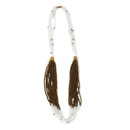 Multistrand Maasai Bead Necklace, White and Gold - Jedando