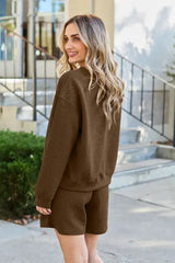 Double Take Full Size Texture Long Sleeve Top and Drawstring Shorts Set - Trendsi - Flyclothing LLC