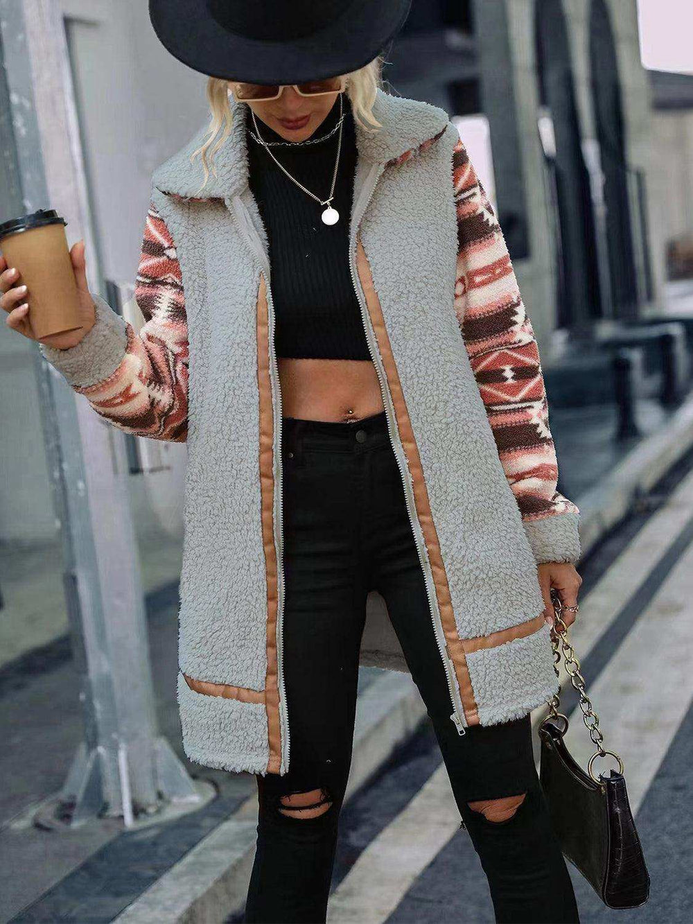 Geometric Zip-Up Collared Sherpa Jacket - Trendsi - Flyclothing LLC