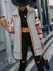 Geometric Zip-Up Collared Sherpa Jacket - Trendsi